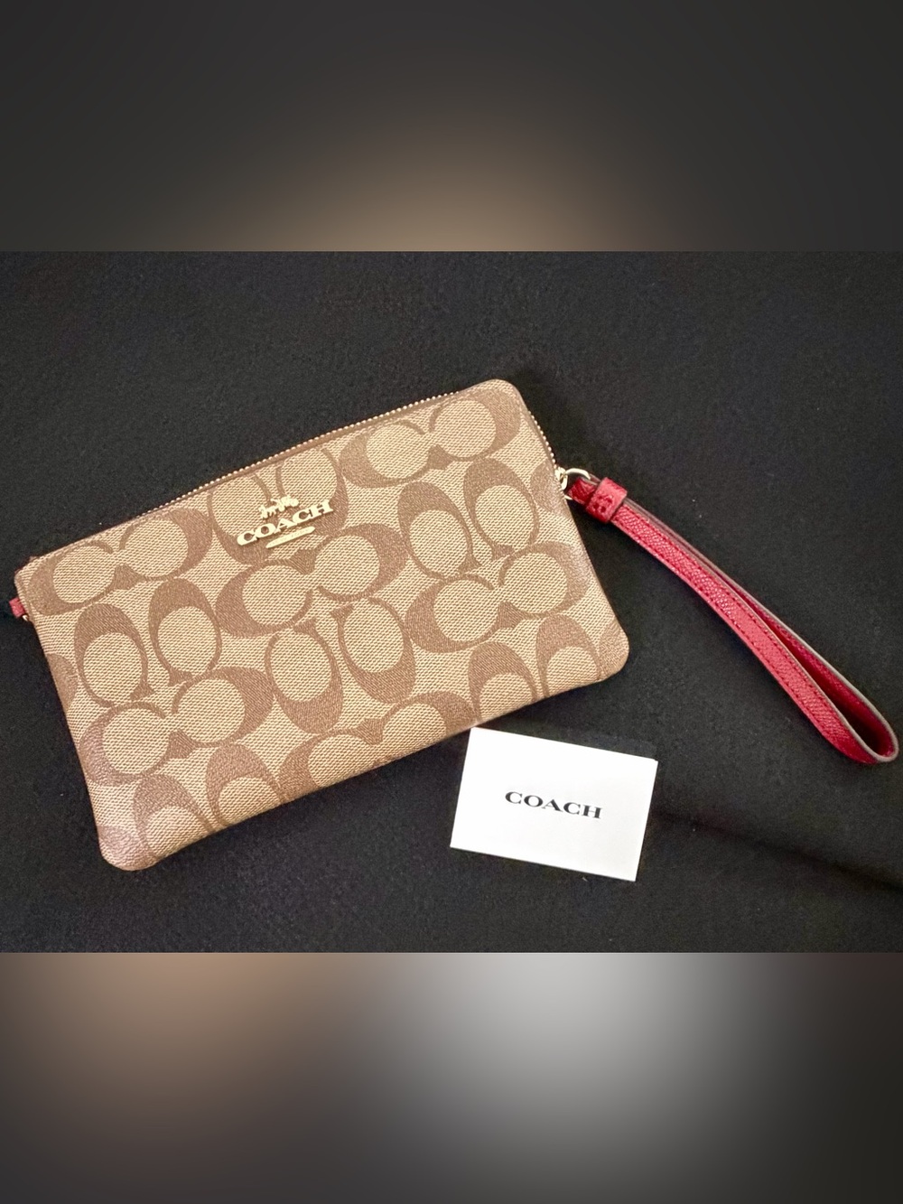 Coach C1748 Signature Canvas Wristlet Khaki Red Leather Holiday